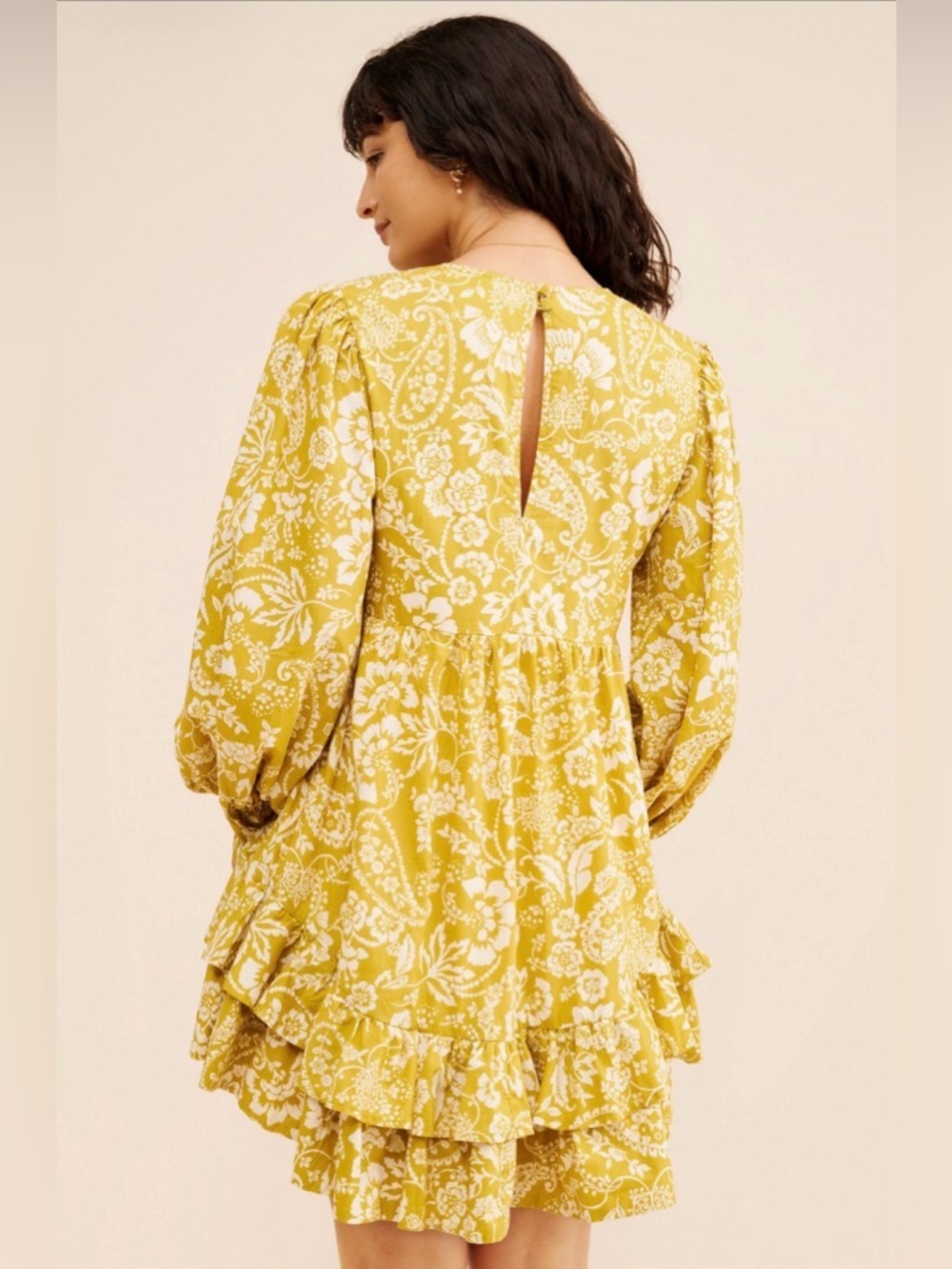 Maeve Yellow Floral Mini Dress S Boho Puff Sleeve V Neck Ruffle - Picture 3 of 8